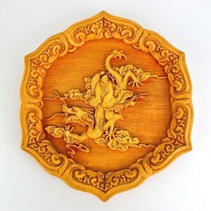 Vintage Chinese Dragon Themed Cinnabar Yellow Plate Asian Art